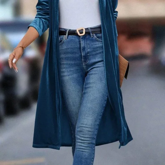 Blue Casual Womens Shawl Collar Open Front Velvet Coat - Picture 4 of 5